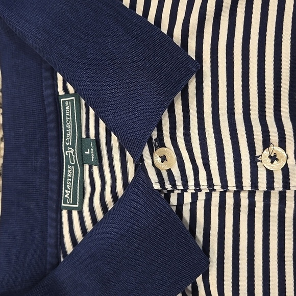 MASTERS COLLECTION MEN'S BLUE AND WHITE STRIPED GOLF POLO SHIRT. SIZE LARGE. - Picture 9 of 9